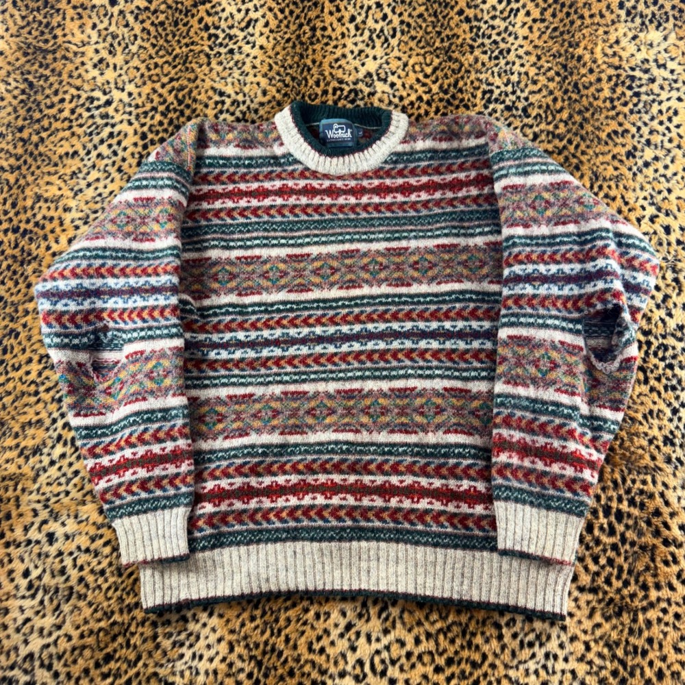 Vintage 1980s Woolrich Fair Isle Sweater Mens Large Green Red Wool Blend 1408